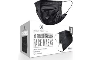 H HARLEY STREET CARE Harley Street Care Disposable Black Face Masks Protective 3 Ply Breathable Triple Layer Mouth Cover with Elastic Earloops (Pack of 50)