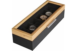 CASE ELEGANCE Uhrenbox mit Echtglas für 6 Uhren - Zweifarbig im Kiefer und Schwarz mit modernem Aluminiumgriff