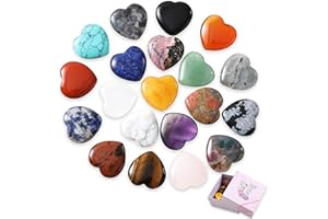 FASOOD 20 Piezas Piedras Naturales Corazón, Piedras Decorativas con Caja de Regalo y Bolsa de Terciopelo, Contiene Amatista Selenita Cuarzo Rosa Lapislazuli Obsidiana, Piedras Chakras(20x20x6mm)
