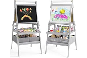 ‎DREAMADE DREAMADE 3 in 1 Kinder Staffelei, doppelseitige Staffelei mit magnetischem Whiteboard, Kreidetafel, Papierrolle, 4 Farbbechern & 2 Stoffboxen, Kunststaffelei für Kinder ab 3 Jahre (Grau)