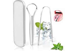 T NEWFUN Stainless Steel Metal Tongue Scraper - Tongue Scraper for Adults, Professional Tongue Brush for Oral Care, Improve Bad Breath and Fresh Breath, with Metal Storage Box-2 Pack