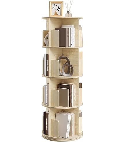 Tohomeor Libreria Girevole A 4 Livelli - Design Salvaspazio 360° - Scaffale Quadrato Impilabile In Legno Greige Per Soggiorno E Camera