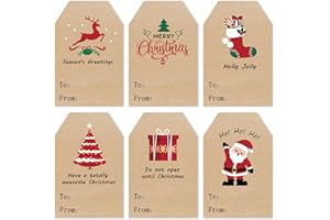 COCHIE Christmas Stickers Gift Tags, 96Pcs Christmas Labels Gift Stickers, Self-Adhesive Christmas Name Tags for Xmas Gifts Wrap Presents Boxes Decoration, 2 x 3 Inch, Natural Kraft Paper Stickers