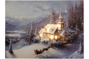 zeitzone LED Bild Winterlandschaft Kirche in den Bergen Weihnachten Leinwand Wandbild 28x38cm