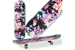 WeLLIFE Monopatín completo para principiantes – Serie RGX de madera de 80 x 20 cm, 9 capas de arce cóncavo Double Kick, rodamientos ABEC-7, dibujo sobre Grip Tape – Apto para niños, jóvenes y adultos