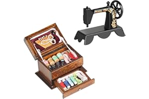PINYENR Puppenhaus Zubehör, Miniatur Wichtel Zubehör Miniatur Nähkästchen 3-Schicht und Nähmaschine Puppenhaus Zubehör 1/12