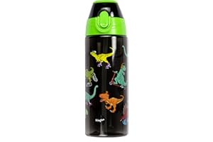 Fringoo - 600ml Kids Water Bottle with Straw & Fliptop Lock - 100% Leakproof - BPA Free 600ml Kids Water Bottle for School - Dinosaur Skaters