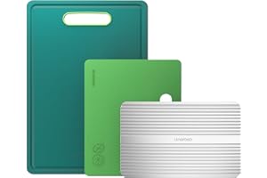 Linoroso Chopping Board Coloured Plastic Cutting Boards Set of 3 for Kitchens with Defrosting Tray Juice Grooves Easy Grip Handle Slip Resistant Dishwasher Safe (BPA Free) - Green