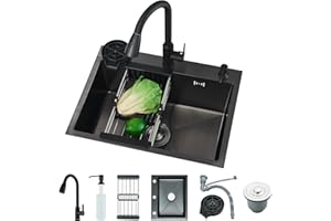 TVTIUO Fregadero de Cocina Multifuncional, Fregadero de Cocina Negro con Lavavasos y Dispensador de Jabón, (60 x 45 cm) con Grifo Extraíble