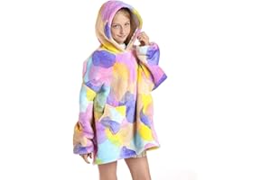 JOREAY Dziecięcy koc oversize z kapturem, koc Sherpa do noszenia, puszysty, ogromny, wygodny koc z kapturem dla dzieci, nastolatków, kolorowy