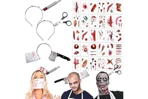 AEYAKA Fascia Spaventosa Halloween Cerchietto con Forbici, Siringa, Coltello nella Testa Insanguinata & 30 Tatuaggi Zombie Accessorio Orrore per Costumi da Donna e Uomo, Carnevale, Cosplay, Masquerade