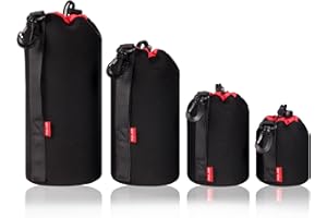 POLAM-FOTO Zestaw pokrowców na obiektyw z neoprenu do obiektywu aparatu fotograficznego w 4 rozmiarach, multi-pack na obiektyw Canon, Nikon, Tamron, Sigma, Pentax, obiektywy, czarne/czerwone, czarny,