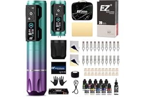 EZ Tattoo Set - Tattoo Maschinen Set mit Kabelloser Tattoo Maschine, 1800mAh Stromversorgung Akku, 20 Stück Tattoo Nadeln and 11 Farben Tinten für Tattoo Anfänger und Künstler (P2S Pro Violett Blau)
