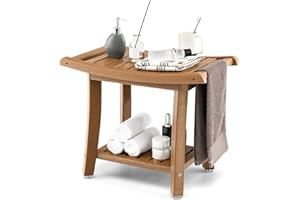 RELAX4LIFE 2-Tier Bathroom Shower Bench, Portable HDPE SPA Stool Bath Seat with Side Handles & Storage Shelf, Anti-Slip Shower Stool Storage Rack for Indoor Outdoor Use (Brown)