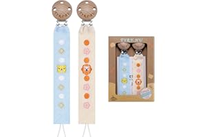 TYRY.HU Attache Sucette pour bébé,Lot de 2 Pièces,Chaîne Sangle Souple Unisexe pour Nouveau-né Cadeau Universel pour Garçons et Filles Ours Lion Fleur(Bleu Clair+Beige)