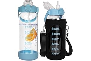 Seekua Szklana butelka na napoje, ze słomką i znacznikami czasu, szczelna, duża butelka na wodę, nadaje się do smoothie, nadaje się do mycia w zmywarce, 1,5 l