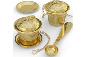 APACE LIVING Infusore per il Tè Apace (set da 2) con Cucchiaino da Tè e Piattino Anti-goccia – Filtro & Colino in Acciaio Inossidabile Ultra-Elegante per Un’Esperienza di Infusione Superiore (Oro, Medio)
