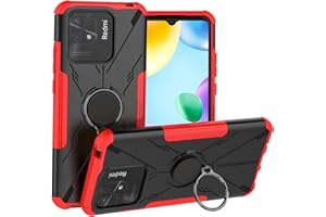 LiuShan Funda para Xiaomi Redmi 10C,Shockproof Carcasa con 360 Grados Giratorio Anillo Kickstand Hard PC y Silicona TPU Hybrid Armor para Xiaomi Redmi 10C,Rojo