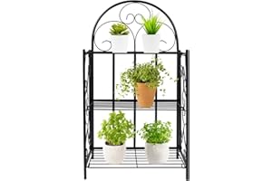 KARAT Blumenständer Pflanzenständer aus Metall, Pflanzenregal Outdoor und Indoor Blumenregal, Blumensäule, Blumenbank schwarz mit drei Ebenen 24 x 45 x 82 cm (Phantasia)