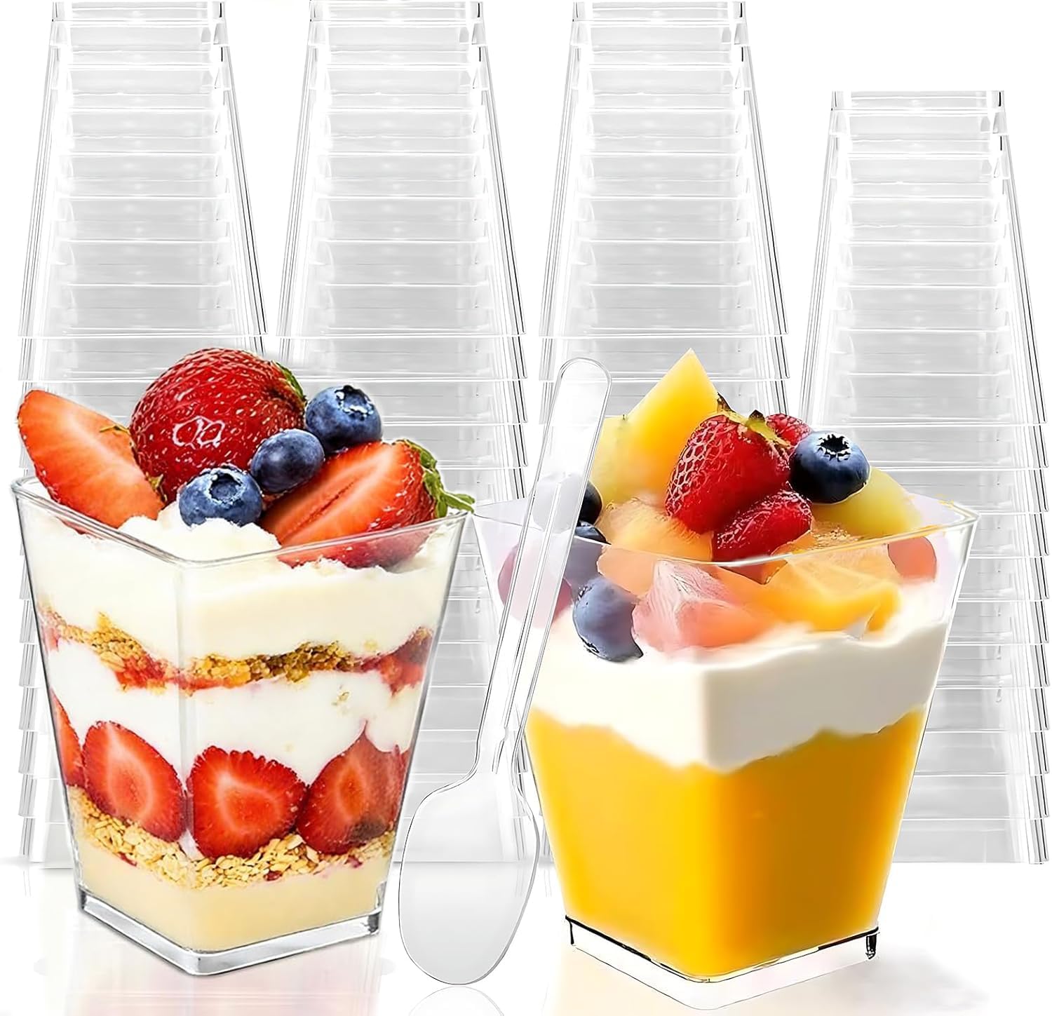 Sprifityy - Juego de 50 tazas de postre cuadradas transparentes (160 ml, 50 cucharas, fáciles de limpiar, reutilizables, para tartas espumosas, helados, postres caseros, puddin