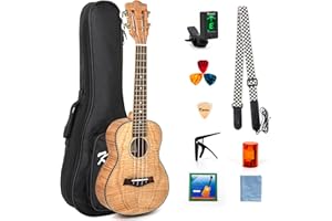 Kmise Concert Ukulele Set Tiger Flame Okoume Ukelele 23 inch 4 String Classical Guitar Head with Gig Bag Tuner Strap Capo Picks Clean Cloth Songbook Rhythm Shaker