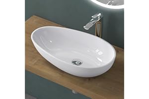 Mai & Mai Lavabo sobre Encimera Lavabo Baño | Ovalado | Blanco Brillante | Mármol Fundido | 60x36x14cm | sin Orificio para Grifo sin Rebosadero | Colossum809