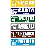 GamesMonkey® - Adesivi Raccolta Differenziata Ricliclo Rifiuti Spazzatura v2 - Impermeabili Lavabili Illustrato - Italiano In