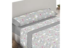 ALL DECORE PLAZA HOME S.L. ADP HOME QUALITY PRODUCT SELECTION Adp Home - Juego de sábanas Estampadas 144 Hilos en polialgodón - Sábana Bajera, sábana encimera y Funda de Almohada Modelo Unicornios Infantil, Niños (Gris, Cama de 90 CM)