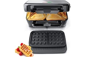 Gaufrier 1200W, Appareil Croque Monsieur 3 en 1, Contrôle de la Température à 5 Vitesses, Machine à Gaufres et Croques, à Sandwich et Grill, Revêtement Antiadhésif pour Nettoyage Facile,FOHERE