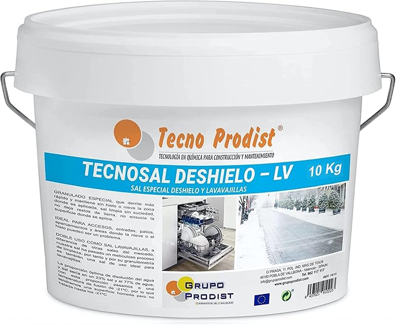TECNOSAL DESHIELO (10 Kg) Sal Especial para derretir Hielo y Nieve en Invierno, descongelación Ideal para Caminos, entradas, aparcamientos o Carreteras, Doble Uso, Sal Lavavajillas, en Cubo