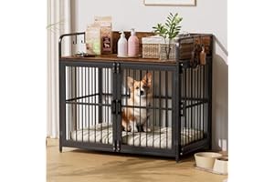 Amopatio Dog Crate Furniture, Large Dog Cage with 2 Doors, Heavy Duty Dog Kennel Indoor for Small Medium Large Dogs, Wooden Dog House, 94x60x88cm, Rustic Brown