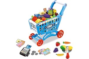 RedCrab Shopping Cart for Kids, 64 Pieces Shopping Store Cart Accessory Set, Oversized Role Play Trolley Cart Play Set Educational Toy Gift for Kids 3+ Years Boy Girl (B-blue)