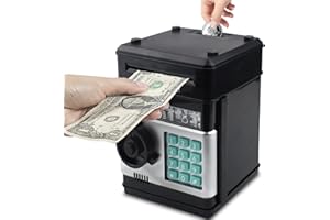 Vommery Hucha para niños de Juguete, Mini Caja Fuerte electrónica para cajero automático Bancos con Bloqueo de contraseña & Desplazamiento automático de Dinero para niños niñas (Negro)