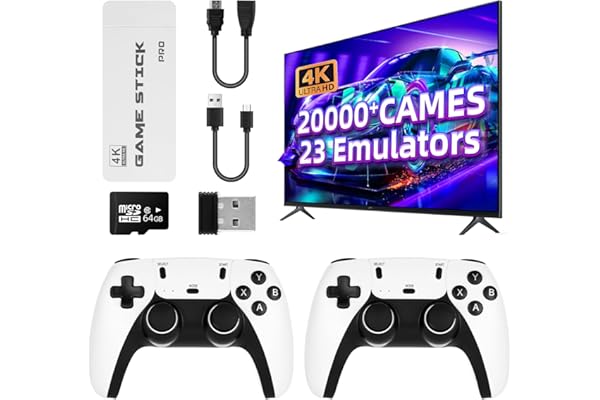 Consola de juegos retro con dos mandos y una tarjeta de memoria integrada de 64 GB. Incluye 30 000 juegos y una pantalla arcade HDMI con resolución 1080p/720p