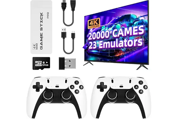 Consola de juegos retro con dos mandos y una tarjeta de memoria integrada de 64 GB. Incluye 30 000 juegos y una pantalla arcade HDMI con resolución 1080p/720p
