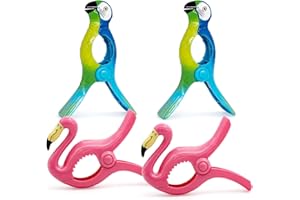 AMZJIUFU Beach Towel Clips,4pcs Beach Towel Pegs Sunbed Towel Clips Large Laundry Clothes Pegs Plastic Windproof Portable Quilt Blanket Holders for Sun Loungers Patio Pool (Parrot and Flamingo)