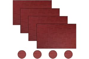 BECHEN Vinyl Placemats and Coasters,Washable Table Mats Easy to Clean Woven Placemats for Dining Table Set of 4(Burgundy Red)