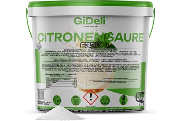 GiDeli Acide Citrique 5kg E330 Qualité Alimentaire - Poudre Blanche Pure pour Pâtisserie et Conserves - Détartrant Naturel Grand Format pour Lave-vaisselle, Lave-linge - Booste Votre Lessive