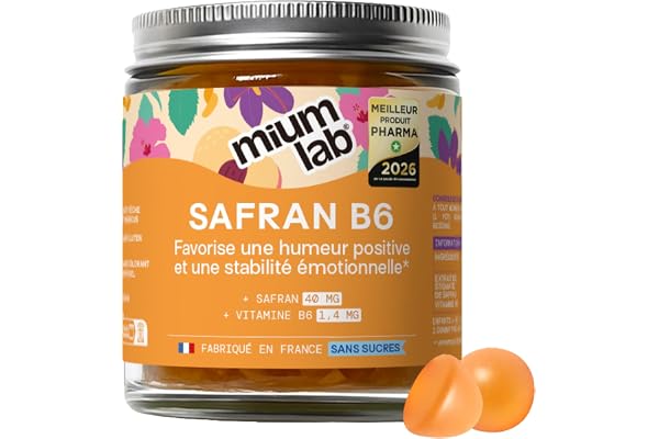 Mium Lab - Gummies Safran Hautement dosé (40mg) et Vitamineamine B6 sans sucres - Enfants et Adultes - Formule exclusive - Programme 3 à 6 semaines - Saveur Pêche - Fabriqué en France