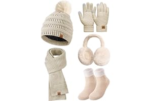 Svanco Cappello Beanie Sciarpa Guanti Set Donna Inverno Caldo 5 Pezzi Set Cappello con Foderato in Pile Sciarpa Lunga Maglia Guanti Touchscreen Paraorecchie Calzino 5 in 1 Set Termico Per Signore