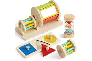 Atoylink Montessori - Juguete sensorial para bebés a partir de 0, 3, 6 y 9 meses, juguete sensorial con tambor spinning y chubasquero para bebé y puzle, juguete de madera, juguete de motricidad para