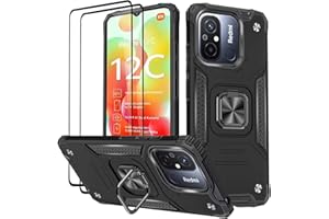 KANSi Hülle für Xiaomi Redmi 12C / Redmi 11A, Schutzfolie [2 Stück] Silikon TPU Hart PC Handy Hüllen 360 Grad Drehbar Ringhalter Bumper Stoßdämpfung Schutzhülle - Schwarz