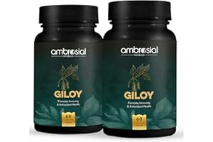 Ambrosial Giloy Tablets 500mg | Natural Giloy Guduchi Extract, Antioxidant Properties, Immunity Booster | Relieves Cough & Cold (Pack of 2-120 Capsules)