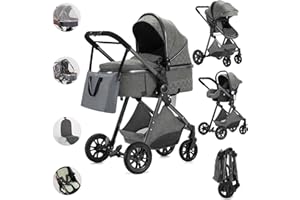 Kakbgee Carrito de Bebé 3 en 1, Cochecito Bebe 3 Piezas Con Asiento De Auto, Cochecitos Portátil Plegable Con Un Clic, Carricoche Combinado Paisaje Alto Marco de Aluminio Para Recién Nacido