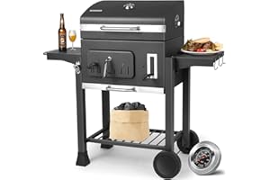 TLSUNNY Barbecue au charbon de bois gris, taille XXL, grand barbecue au charbon de bois avec couvercle, grille, roues et thermomètre, poignée en acier inoxydable, barbecue fumeur, 130 x 137 x 49 cm, barbecue