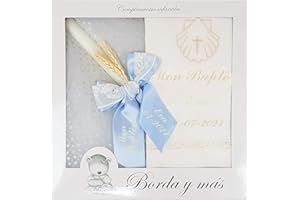 Kit de Bougie et Lange personnalisé pour Baptême - Pack de Cierge décorée pour Baptême et Mouchoir brodés avec le nom et la date du baptême - Modèle Paris (Bleu ciel)