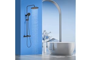 ROVOGO Black Thermostatic Shower Mixer Set Height Adjustable, 25 x 25 cm Round Rainfall Shower Head Stainless Steel, 3-mode Handheld Shower with Adjustable Holder, Twin Head Shower System for Bathroom