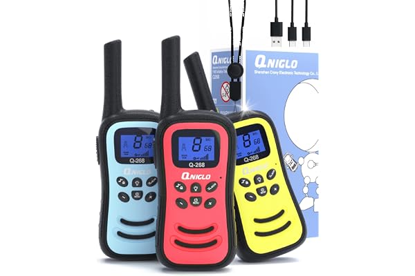 QNIGLO Takie-Walkie Longue Portée,3 Pièces Talkie Walkie Enfant,Radio 2 Voies 8 Canaux avec Fonction Vox,Lampe de Poche,Cadeaux Jouets pour 3-12 Ans,Camping,Aventures Extérieures (Rouge Bleu Jaune)