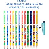Faber-Castell Ara&ccedil;lar Kurşun Kalem 2B 12'li Set ve Gizli Kalemtraş | Ara&ccedil; Desenli, Renkli G&ouml;vde, Gizli Kalemtraş Dahil, Okul 