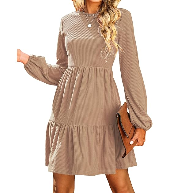 Damen Kleid Rundhals Langarm Volantsaum A Linien Herbst Winter Rippstruktur Kurze Minikleid Freizeitkleider Tiered Mini Dress
